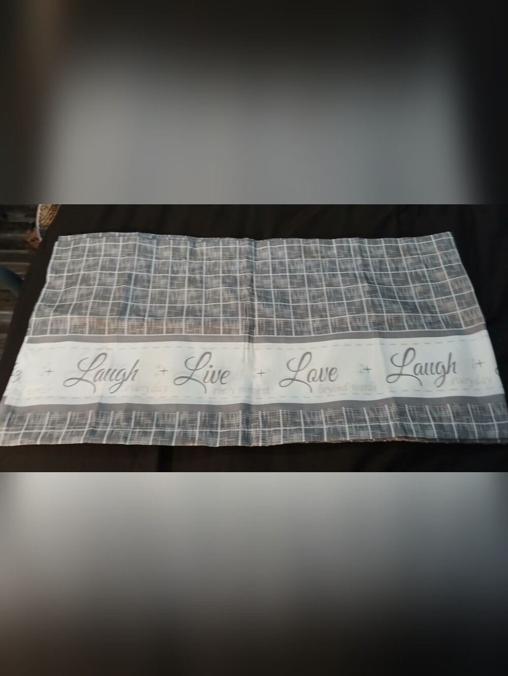 NWOT Gray and White 'Laugh Live Love' Decorative Kitchen Window Cutains.